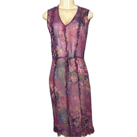 Plenty M Purple Floral Silk Sheer V-Neckline Rufffle Sleeveless Below Knee Dress - Picture 2 of 6